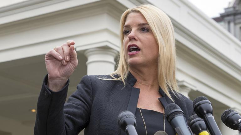 In this Feb. 22, 2018 file photo, Florida Attorney General Pam Bondi speaks to reporters outside the West Wing in Washington. (AP Photo / J. Scott Applewhite)