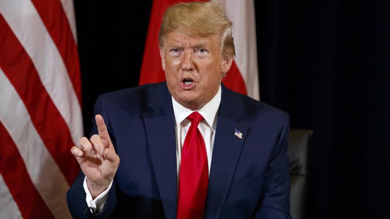 President Donald Trump speaks during a meeting with Polish President Andrzej Duda at the InterContinental Barclay hotel during the United Nations General Assembly on Monday, Sept. 23, 2019, in New York. (AP Photo / Evan Vucci)