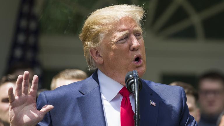 President Donald Trump speaks during the presentation of the Commander-in-Chief’s Trophy to the U.S. Military Academy at West Point football team in the Rose Garden of the White House, Monday, May 6, 2019, in Washington. (AP Photo / Alex Brandon)