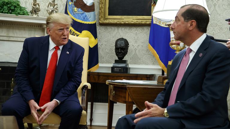 President Donald Trump talks to Secretary of Health and Human Services Alex Azar about a plan to ban most flavored e-cigarettes, in the Oval Office of the White House, Wednesday, Sept. 11, 2019, in Washington. (AP Photo / Evan Vucci) 