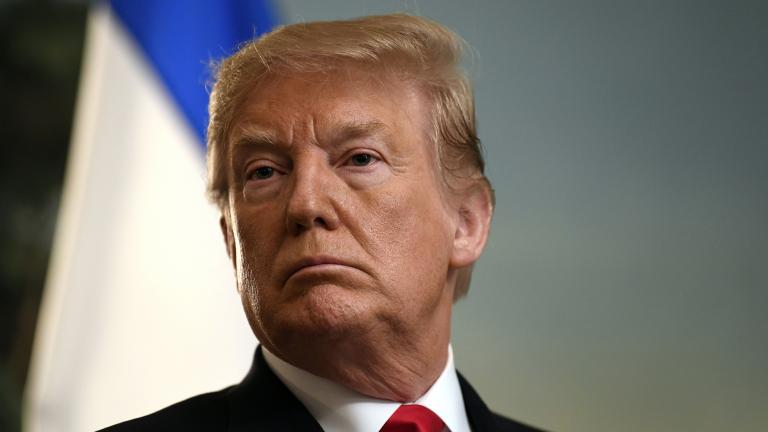 President Donald Trump listens in the Diplomatic Reception Room of the White House in Washington on Monday, March 25, 2019, as Israeli Prime Minister Benjamin Netanyahu speaks. Trump signed an official proclamation formally recognizing Israel's sovereignty over the Golan Heights. (AP Photo / Susan Walsh)