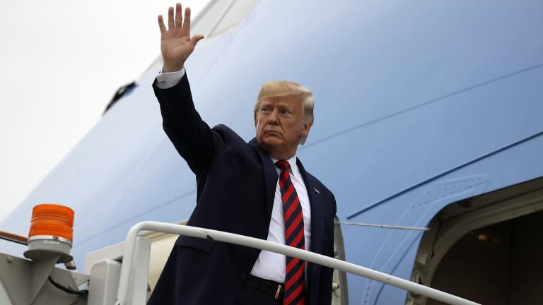 President Donald Trump departs O’Hare International Airport after speaking at the International Association of Chiefs of Police Annual Conference and Exposition, Monday, Oct. 28, 2019, in Chicago. (AP Photo / Evan Vucci)