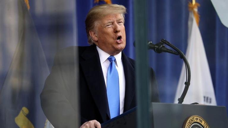 President Donald Trump speaks before the New York City Veterans Day Parade at Madison Square Park in New York, Monday, Nov. 11, 2019. (AP Photo / Andrew Harnik) President Donald Trump speaks before the New York City Veterans Day Parade at Madison Square Park in New York, Monday, Nov. 11, 2019. (AP Photo/Andrew Harnik)