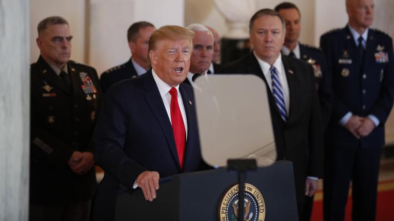 President Donald Trump addresses the nation Wednesday, Jan. 8, 2020 from the White House on the ballistic missile strike that Iran launched against Iraqi air bases housing U.S. troops, as Vice President Mike Pence, Secretary of State Mike Pompeo and military leaders look on. (AP Photo / Alex Brandon)