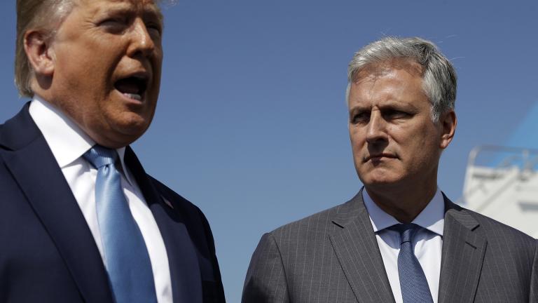 President Donald Trump speaks as Robert O’Brien, just named as the new national security adviser, listens at Los Angeles International Airport, Wednesday, Sept. 18, 2019, in Los Angeles. (AP Photo / Evan Vucci) President Donald Trump speaks as Robert O’Brien, just named as the new national security adviser, listens at Los Angeles International Airport, Wednesday, Sept. 18, 2019, in Los Angeles. (AP Photo / Evan Vucci)