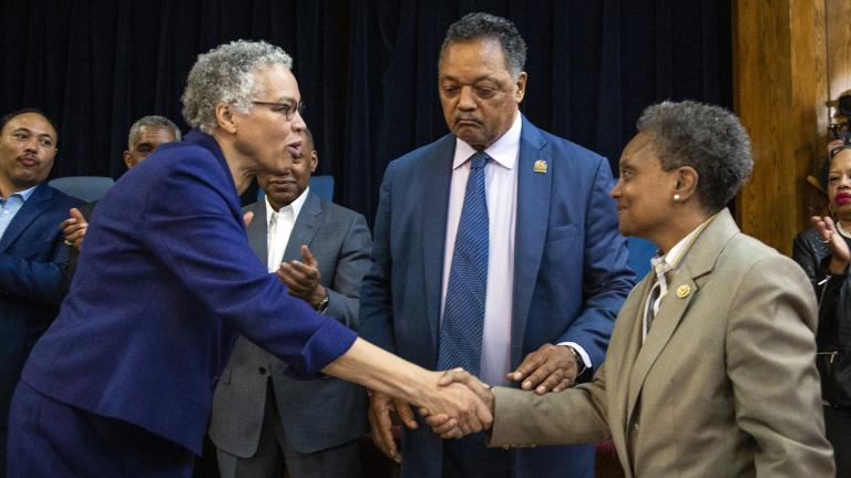 Chicago Mayor-elect Lori Lightfoot, right, shakes hands with former mayoral candidate Cook County Board President Toni Preckwinkle as Rev. Jesse Jackson look on during a press conference at the Rainbow PUSH organization on Wednesday morning, April 3, 2019. (Ashlee Rezin / Chicago Sun-Times via AP) Chicago Mayor-elect Lori Lightfoot, right, shakes hands with former mayoral candidate Cook County Board President Toni Preckwinkle as Rev. Jesse Jackson look on during a press conference at the Rainbow PUSH organization on Wednesday morning, April 3, 2019. (Ashlee Rezin / Chicago Sun-Times via AP)