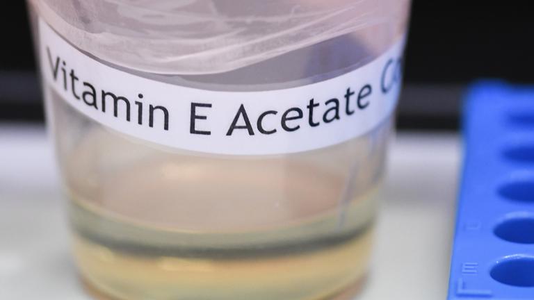This Monday, Nov. 4, 2019 photo shows a vitamin E acetate sample during a tour of the Medical Marijuana Laboratory of Organic and Analytical Chemistry at the Wadsworth Center in Albany, N.Y. (AP Photo / Hans Pennink)