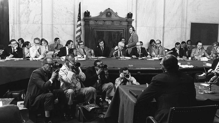 In this Aug. 3, 1973, file photo, the Senate Watergate Committee hearings continue on Capitol Hill in Washington. (AP Photo / File) In this Aug. 3, 1973, file photo, the Senate Watergate Committee hearings continue on Capitol Hill in Washington. (AP Photo / File)
