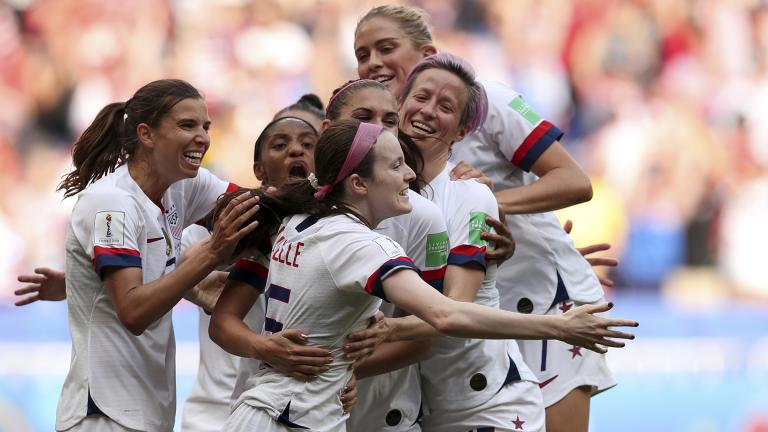 United States’ Rose Lavelle, center, celebrates after scoring her side’s second goal during the Women’s World Cup final soccer match between U.S. and The Netherlands at the Stade de Lyon in Decines, outside Lyon, France, on Sunday, July 7, 2019. (AP Photo / Francisco Seco)