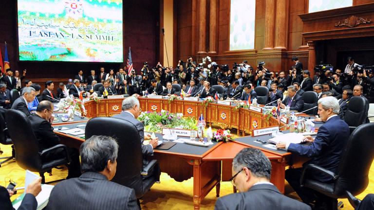 Former U.S. Secretary of State John Kerry addresses the Association of Southeast Asian Nations, or ASEAN, during a U.S.-ASEAN Summit held in Brunei on Oct. 9, 2013. (U.S. Department of State)