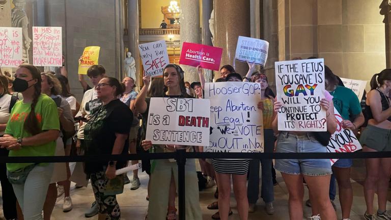 Abortion-rights protesters fill Indiana Statehouse corridors and cheer outside legislative chambers, Friday, Aug. 5, 2022, as lawmakers vote to concur on a near-total abortion ban, in Indianapolis. (AP Photo / Arleigh Rodgers, File)