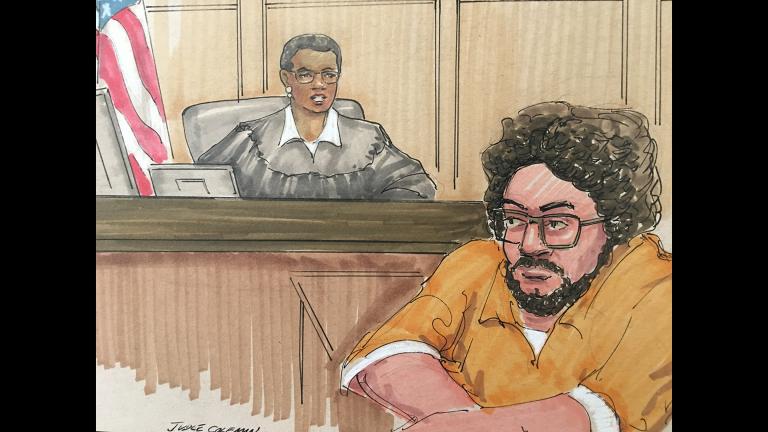 Adel Daoud, 25, appears before Judge Sharon Johnson Coleman on Monday, May 6, 2019 in Chicago. (Courtroom sketch by Thomas Gianni)