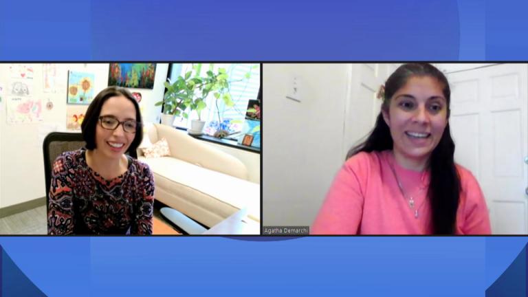 Dr. Adriana Bormeo-Ovalle and Agatha Demarchi appear on “Chicago Tonight: Latino Voices” via Zoom, Nov. 19, 2021. (WTTW News)