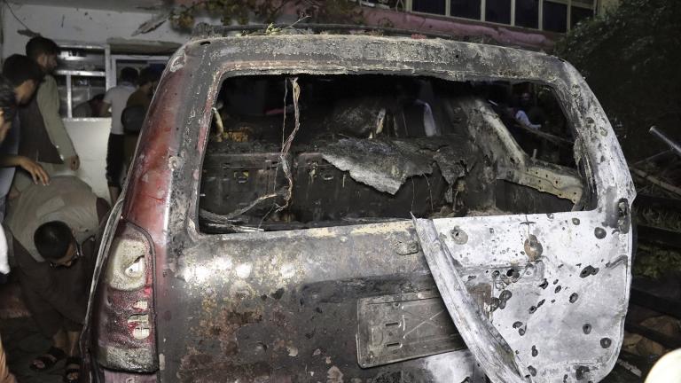 A destroyed vehicle is seen inside a house after a U.S. drone strike in Kabul, Afghanistan, Sunday, Aug. 29, 2021. (AP Photo / Khwaja Tawfiq Sediqi)