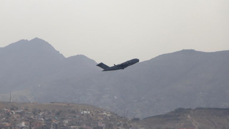 A U.S military aircraft takes off from the Hamid Karzai International Airport in Kabul, Afghanistan, Monday, Aug. 30, 2021. (AP Photo / Wali Sabawoon)