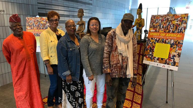 From left: Festival founder Patrick Saingbey-Woodtor, photographer Sonja Hughes, quilter Susan Trice, photographer Kaye Cooksey and collector Diarra Diaby. (Angel Idowu / WTTW News) From left: Festival founder Patrick Saingbey-Woodtor, photographer Sonja Hughes, quilter Susan Trice, photographer Kaye Cooksey and collector Diarra Diaby. (Angel Idowu / WTTW News)