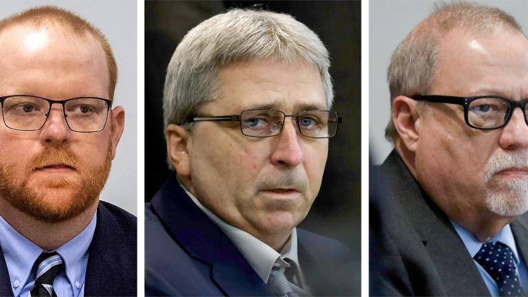This photo combo shows, from left, Travis McMichael, William “Roddie” Bryan, and Gregory McMichael during their trial at the Glynn County Courthouse in Brunswick, Ga. (Pool, file)