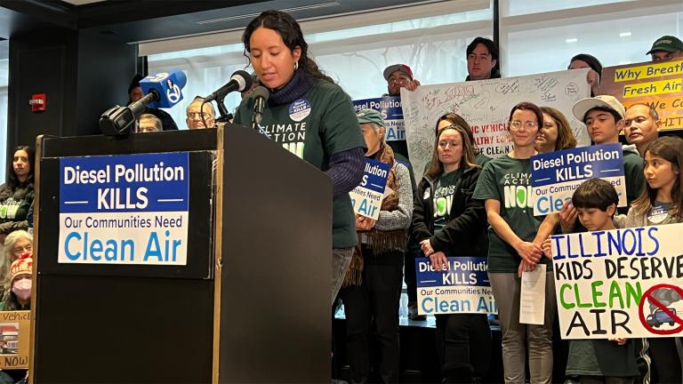 The Illinois Pollution Control Board took hours of testimony Monday, Dec. 2, 2024, from environmental and other advocates. Here, Melanie Minuche of the Little Village Environmental Justice Organization speaks. (Amanda Vinicky / WTTW News)