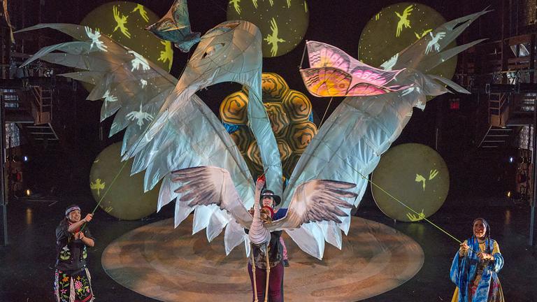 Cast of “Ajijaak on Turtle Island”; An IBEX Puppetry production directed by Ty Defoe and Heather Henson (© 2018 Richard Termine)