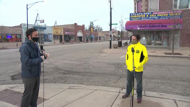 Ald. Raymond Lopez, right, speaks with Paris Schutz on “Chicago Tonight” in Brighton Park on Thursday, April 23, 2020. (WTTW News)
