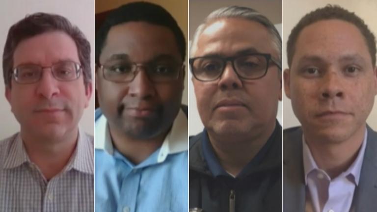 From left: Chicago Alds. Scott Waguespack, Jason Ervin, Gilbert Villegas and Matt Martin appear on “Chicago Tonight” via Zoom on Thursday, April 30, 2020. (WTTW News)