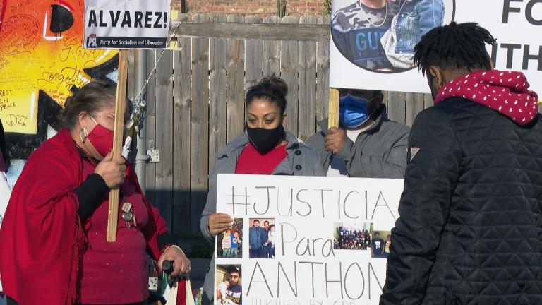 Community leaders and family members of victims killed by police and gun violence gather April 29, 2021. (WTTW News)