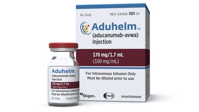 FILE - This image provided by Biogen on Monday, June 7, 2021 shows a vial and packaging for the drug Aduhelm. (Biogen via AP, File)