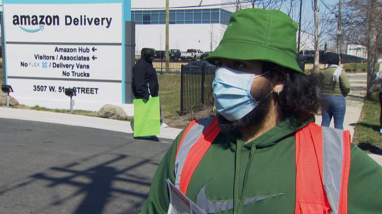 Amazon employee Bekim Mehmedi speaks with WTTW News during a demonstration at facility in Gage Park on Thursday, April 1, 2021. 