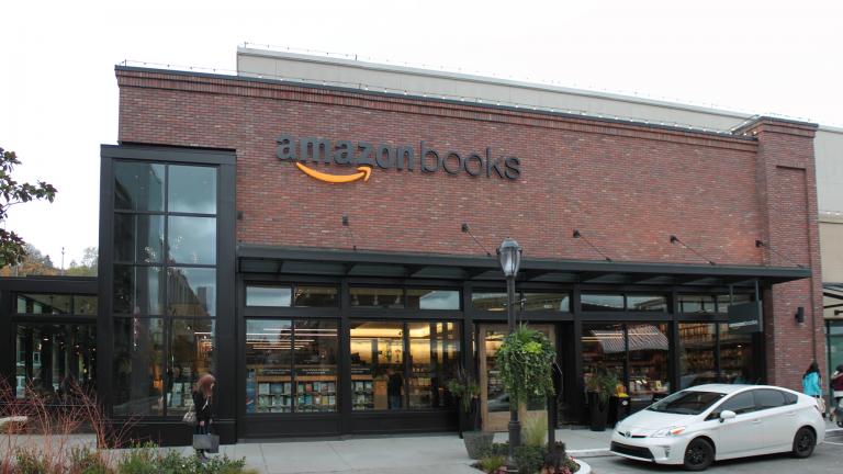 The Amazon Books retail store, the first physical outlet operated by online retailer Amazon.com, at the U Village shopping center in Seattle, Washington. (SounderBruce / Flickr)