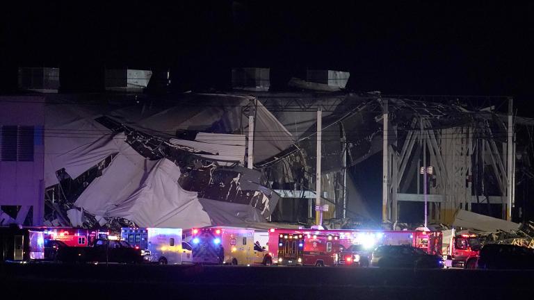 An Amazon distribution center is heavily damaged after a strong thunderstorm moved through the area, Dec. 10, 2021, in Edwardsville, Ill. (AP Photo / Jeff Roberson, File)