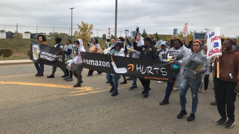 Amazon workers walk out of a Joliet facility on Oct. 11, 2022. (Credit: Warehouse Workers for Justice)