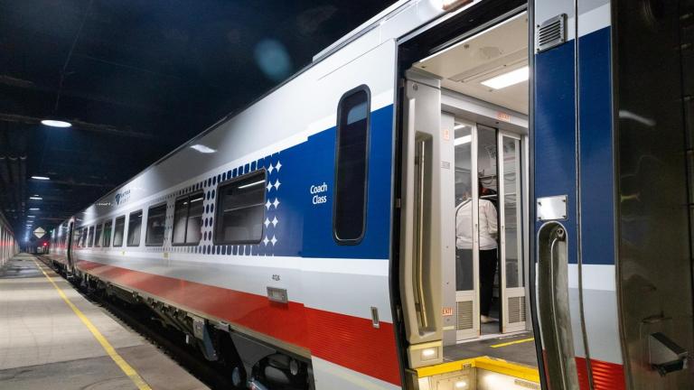 The exterior of a new Siemens Venture passenger car is displayed at Chicago’s Union Station after a news conference announcing faster rail service on June 26, 2023. (Capitol News Illinois photo by Andrew Adams.)