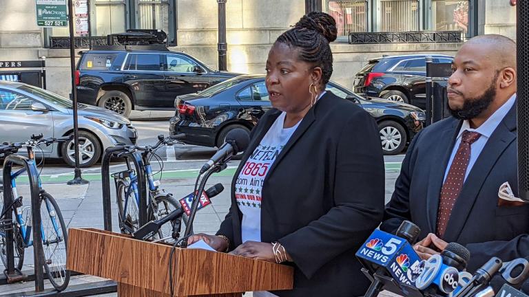 Anjanette Young and her attorney Keenan Saulter speak outside the the James R. Thompson Center on June 16, 2021. (Matt Masterson / WTTW News)