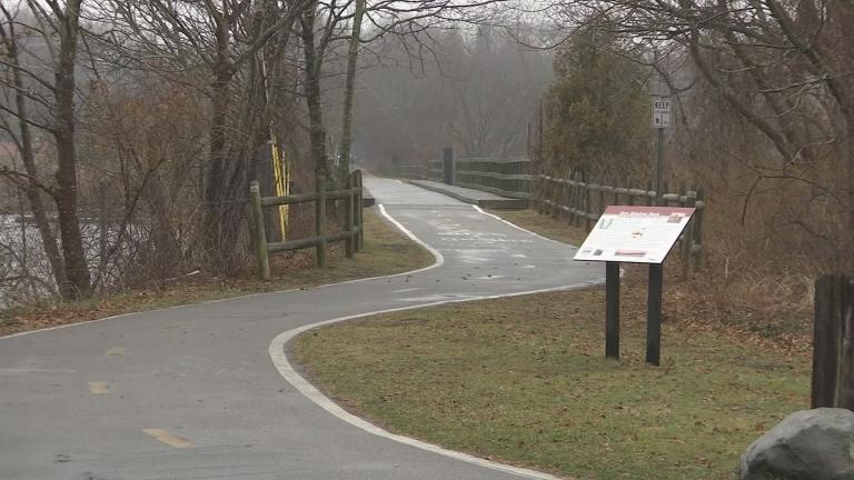 A swastika was found this week burned into the sign, pictured, along this bike path in Barrington, Rhode Island, about a mile from Temple Habonim. Police have since removed the sign.