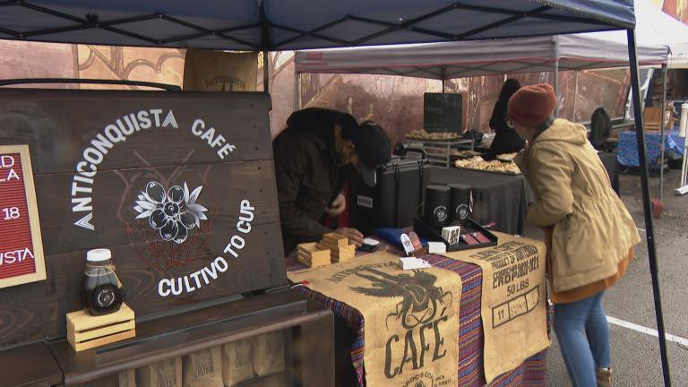 Anticonquista Café sets up shop at the Lincoln Square Farmers Market on  Oct. 28, 2021. (WTTW News)