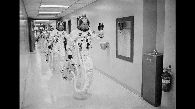 Commander Colonel Frank Borman leads the way as he, Command Module Pilot Captain James A Lovell Jr., and Lunar Module Pilot Major William A. Anders head to the launch pad for humanity’s maiden voyage around the moon and its first aboard the Saturn V vehicle, developed by NASA’s Marshall Space Flight Center in Huntsville, Ala. (Image credit: NASA)