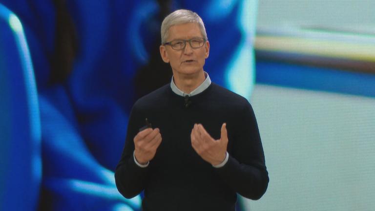 Apple CEO Tim Cook speaks Tuesday, March 27, 2018 at Chicago's Lane Tech High School.