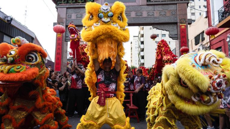 Dancers perform as lions during the Chinese New Year celebrations, marking the year of the snake, in Buenos Aires, Argentina, Saturday, Jan. 25, 2025. (Rodrigo Abd / AP Photo)