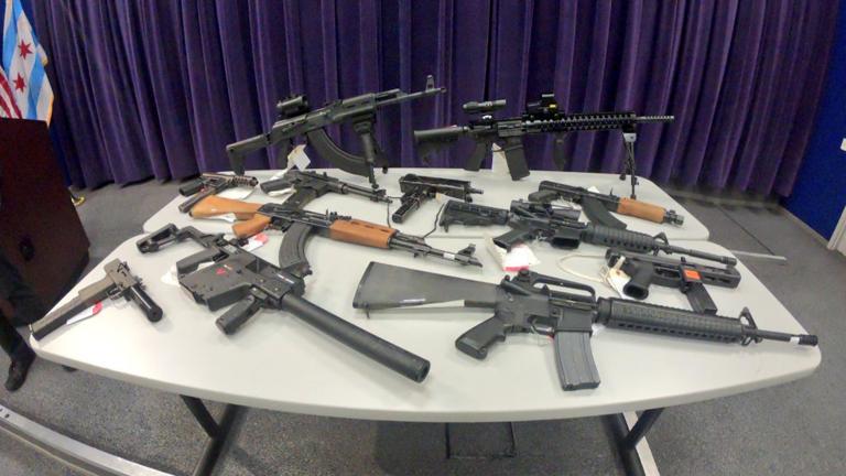 An array of assault weapons recovered this year by the Chicago Police Department. (Chicago Police Department / Twitter) An array of assault weapons recovered this year by the Chicago Police Department. (Chicago Police Department / Twitter)