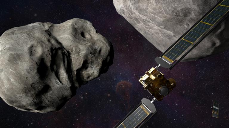 This illustration made available by Johns Hopkins APL and NASA depicts NASA’s DART probe, foreground right, and Italian Space Agency’s (ASI) LICIACube, bottom right, at the Didymos system before impact with the asteroid Dimorphos, left. (Steve Gribben / Johns Hopkins APL / NASA via AP)