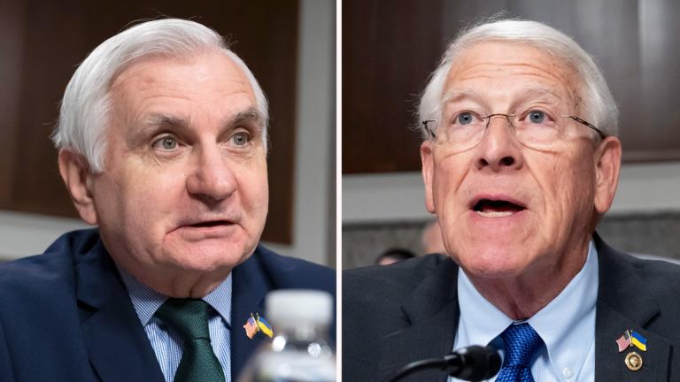 This combination of photos shows ranking member Jack Reed, D-R.I., left, and chairman Roger Wicker, R-Miss., speaking during a hearing on Capitol Hill in Washington, Feb. 25, 2025. (AP Photo)