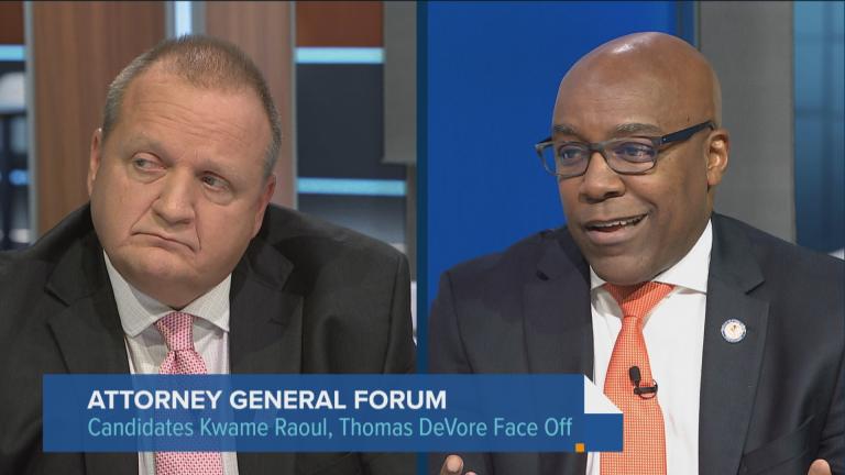 Thomas DeVore and Kwama Raoul appear in a candidate forum on Oct. 25, 2022. (WTTW News)