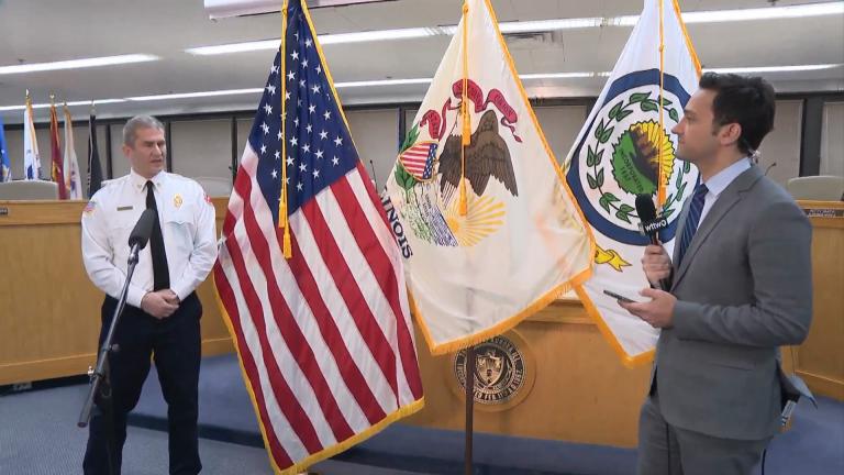 Aurora Fire Chief Gary Krienitz appears with Paris Schutz on “Chicago Tonight” on Thursday, April 16, 2020. (WTTW News)