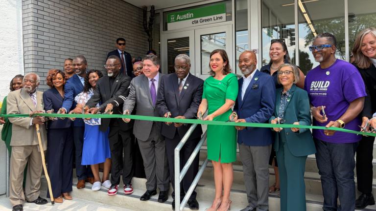 Elected leaders and Chicago Transit Authority officials gather on August 7, 2026, to celebrate the ribbon cutting for a $25 million project to make the CTA Austin Green Line station more accessible to riders. (Eunice Alpasan / WTTW News)