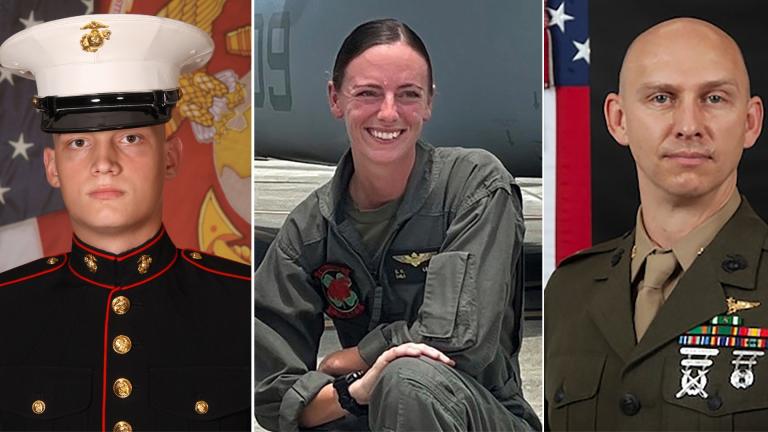 This combination of photos provided by U.S. Marines Corps., shows Marine V-22B Osprey pilot Capt. Eleanor V. Beau, center, Cpl. Spencer R. Collart, left, and Maj. Tobin J. Lewis, right. The U.S. Marine Corps has released the names of the three Marines killed in a fiery tiltrotor aircraft crash on a north Australian island this week and said one off their colleagues remained in hospital in a critical condition. (U.S. Marines Corps via AP)