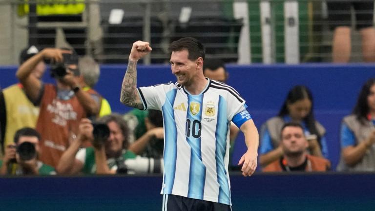 Argentina's Lionel Messi celebrates scoring his side's second goal against Austria during the World Cup Group J soccer match in Arlington, Texas, near Dallas, Monday, June 22, 2026. (AP Photo / Tony Gutierrez)