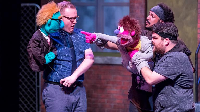 Christian Siebert, Jonah D. Winston and Dan Smeriglio in “Avenue Q” at Mercury Theater. (Credit: Brett A. Beiner)