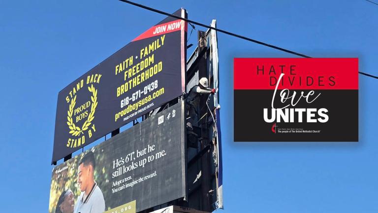 The United Methodist Church announced it will rent the billboard space where a Proud Boys hate group billboard cropped recently. They’ll replace it with a “Hate Divides… Love Unites” campaign as depicted in a rendering. (Molly Parker/ Capitol News Illinois photo, artwork provided by the United Methodist Church) 