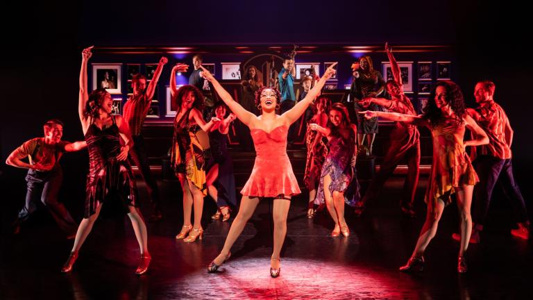 Jasmine Amy Rogers (Betty Boop), Ainsley Anthony Melham (Dwayne) and ensemble in “BOOP! The Musical.” (Matthew Murphy and Evan Zimmerman)