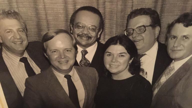 The original “Inside Politics” team, 1980. From left: Sheldon Gardner, Bruce DuMont, Ald. Clifford Kelley, Marilyn D. Clancy, Tom Roeser and Phil Krone. (Courtesy Bruce DuMont)
